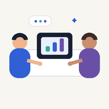 Two people collaborating around a shared data dashboard